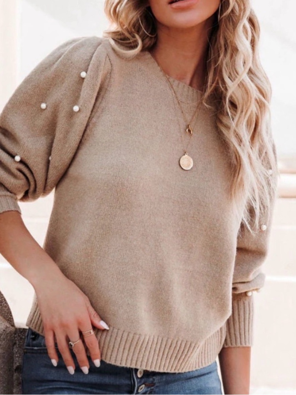 CeCe Pearl Embellished Tan Sweater S Long Ballon Sleeve Beige Y2K Crew Neck